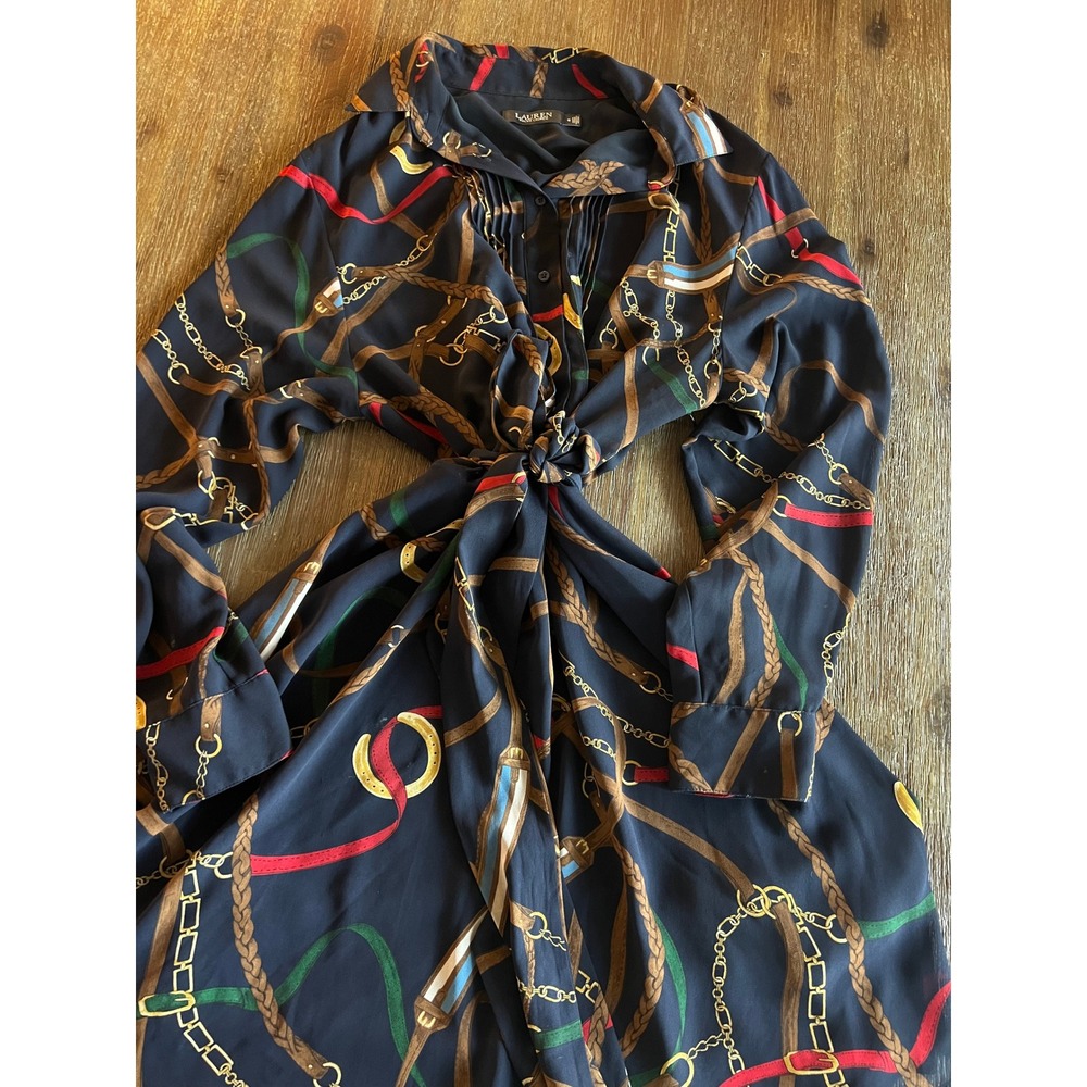Lauren Ralph Lauren Navy Equestrian Belt Chain Print Shirt Dress Size 16